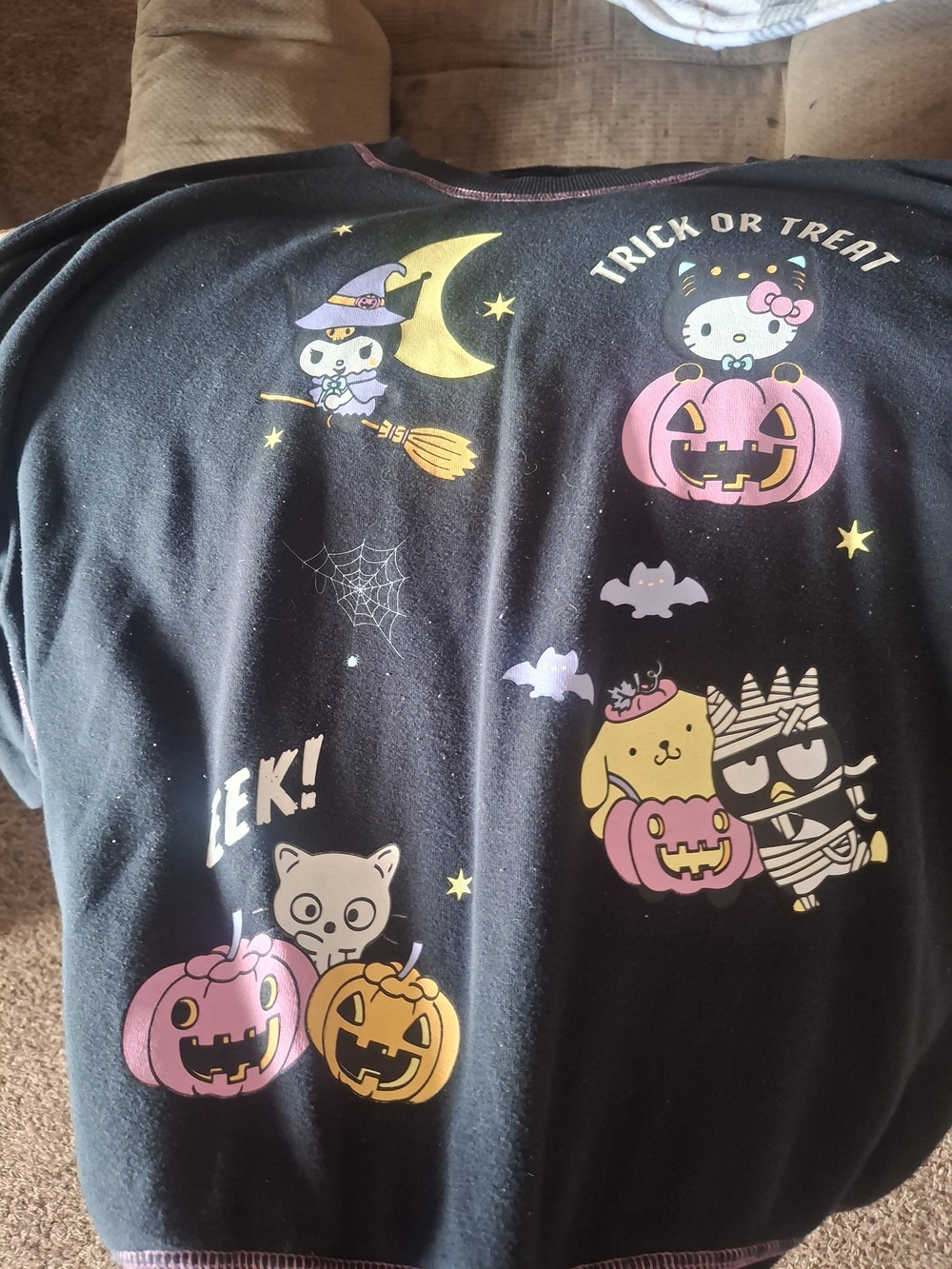 Halloween Sweatshirt - Black with Pink & Yellow Hello Kitty And Friends
